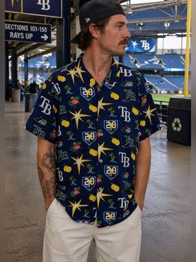 Tampa Bay Rays 20th Anniversary Hawaiian Button Down Shirt Men's‎ XL Multicolor
